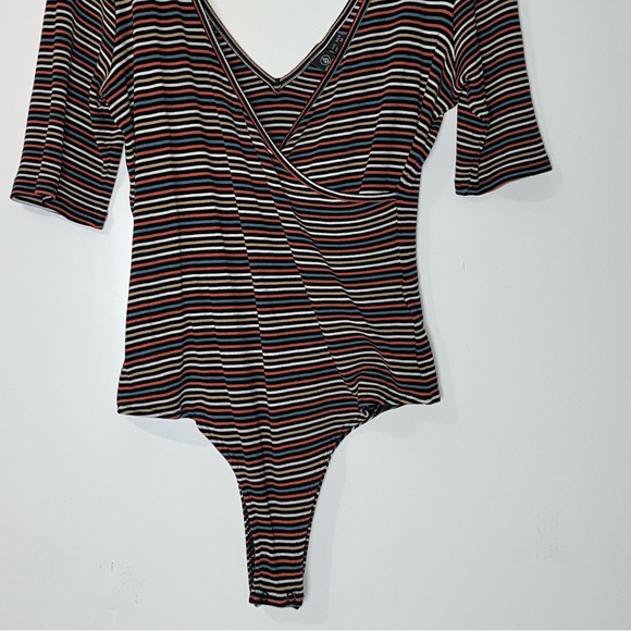 VOLCOM Strype Hype Bodysuit woman's size medium multi color striped deep v neck - Picture 5 of 14